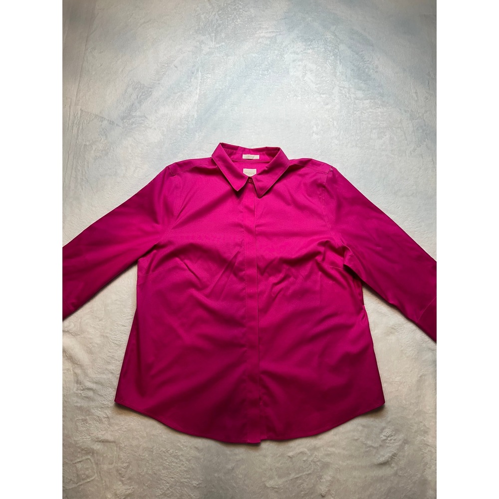 Chicos No-Iron Cotton Button Down Shirt Magenta Pink Long Sleeve Size 2 -211